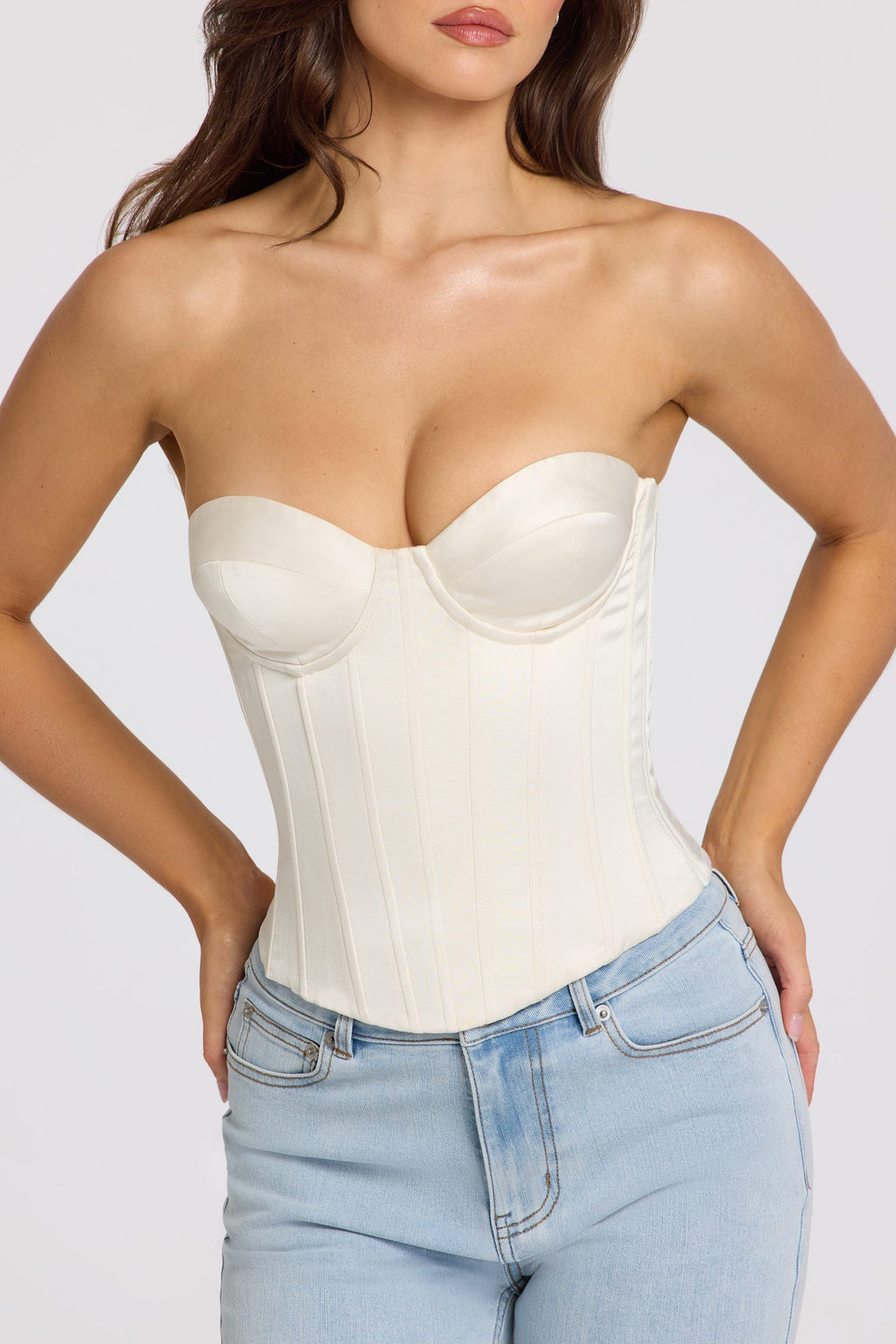 Satin Lace-Up Corset Top in Ivory