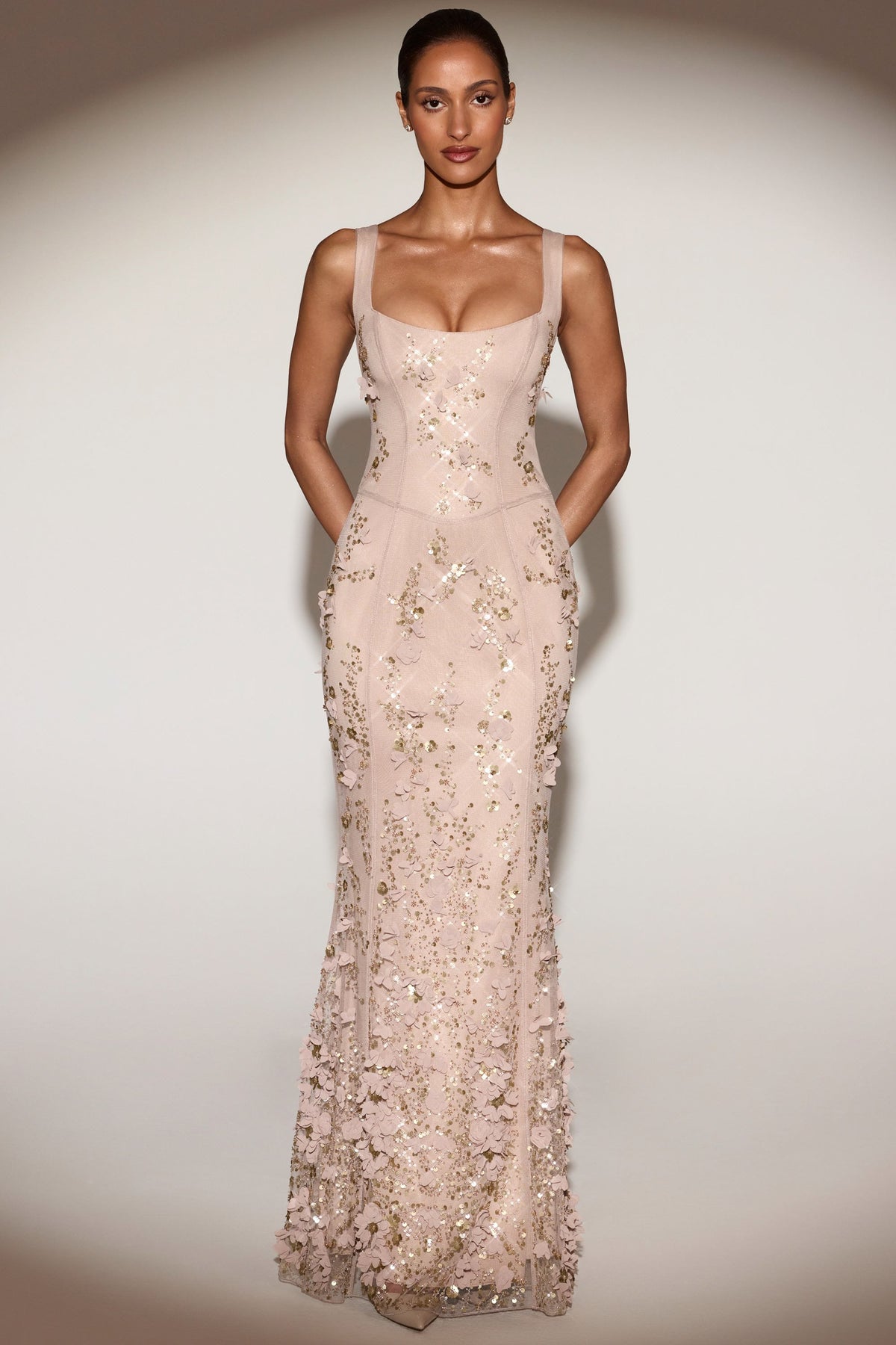 Embellished Appliqué Soft-Scoop Corset Gown in Sand
