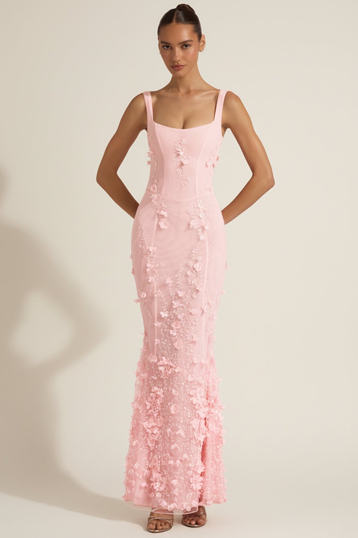 Embellished Appliqué Soft-Scoop Corset Gown in Peony