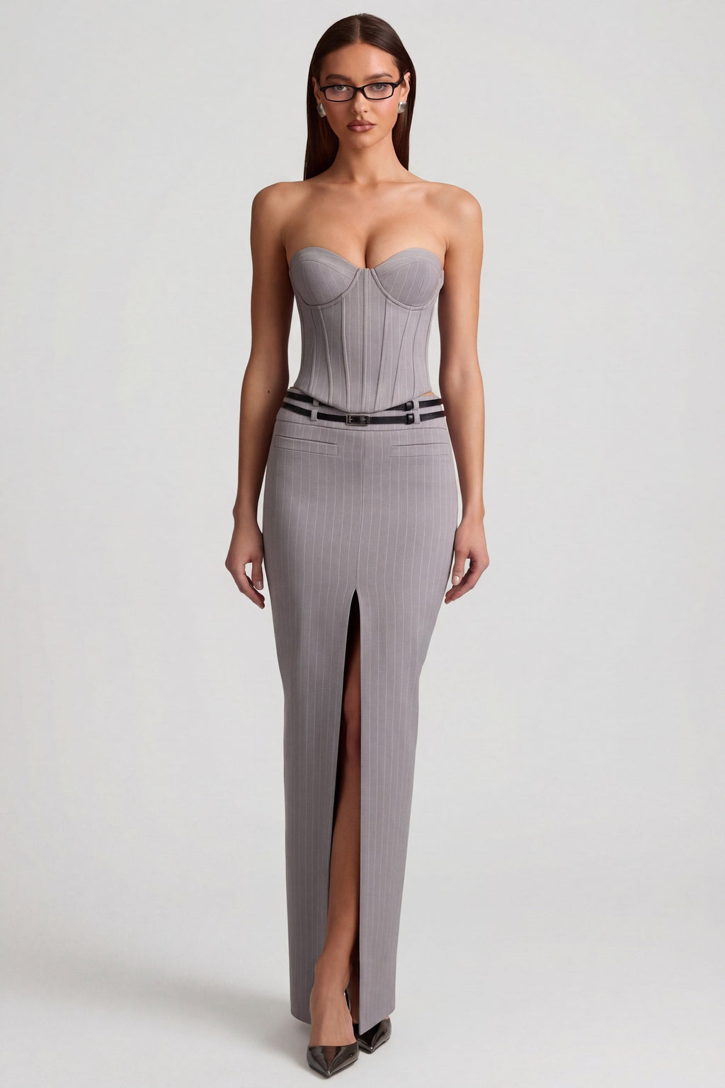 Pinstripe Low-Rise Maxi Skirt in Grey