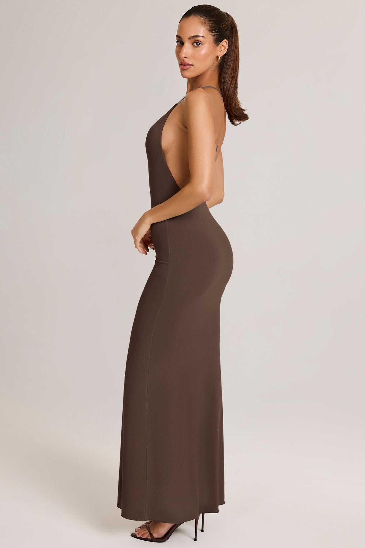 Modal Plunge Backless Maxi Dress in Chocolate Brown