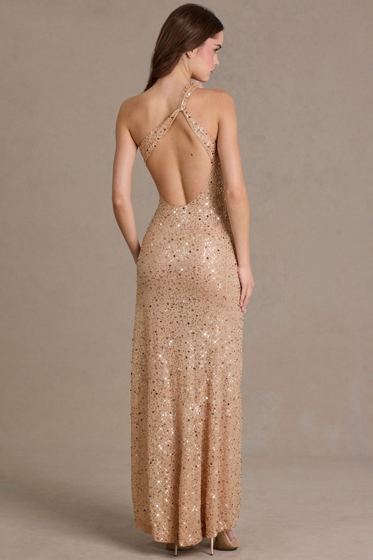Embellished Asymmetric One-Shoulder Maxi Dress in Sand