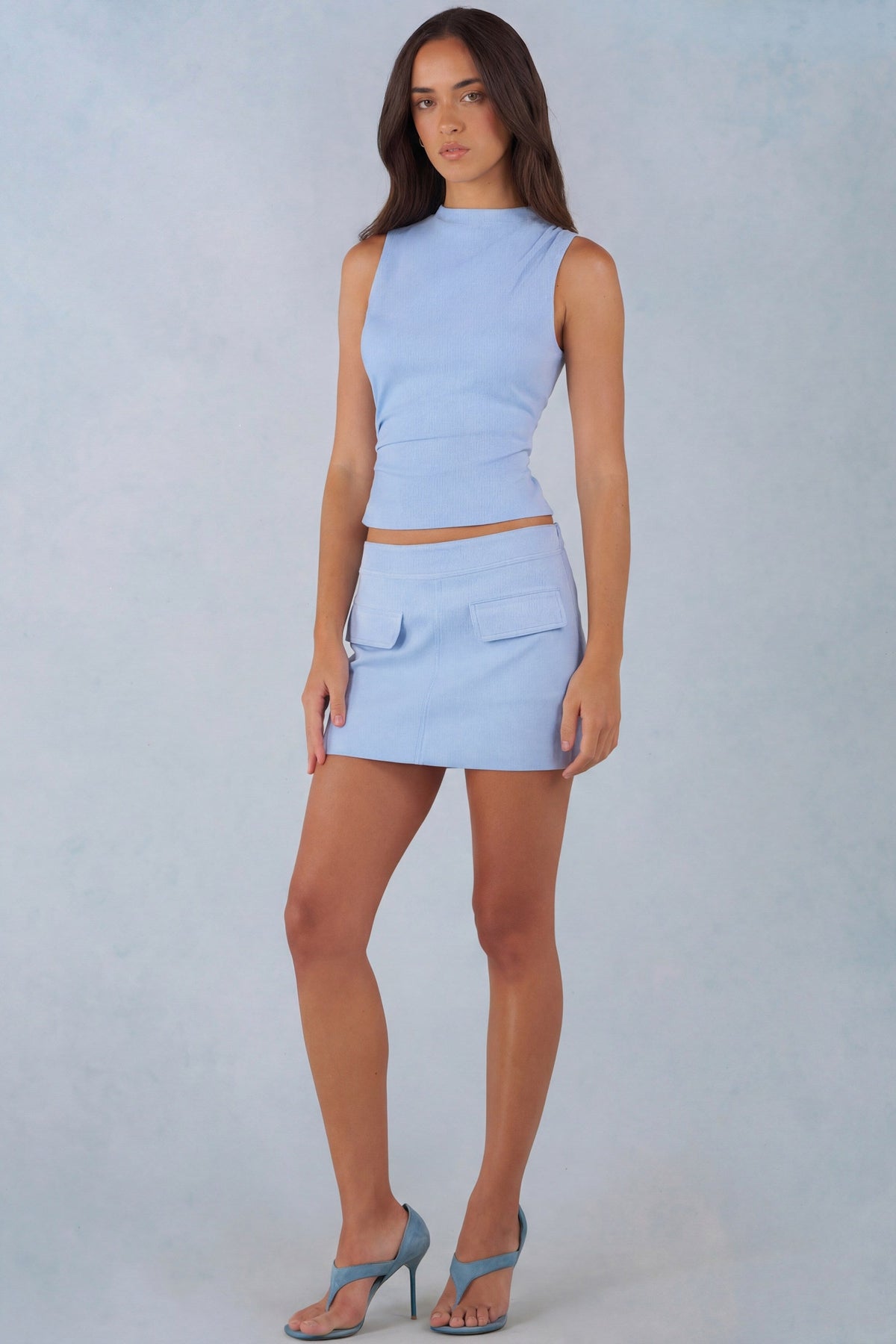 Faux Suede Mid-Rise Mini Skirt in Soft Blue