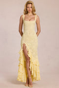 Lace Ruffle Maxi Dress in Lemon Yellow