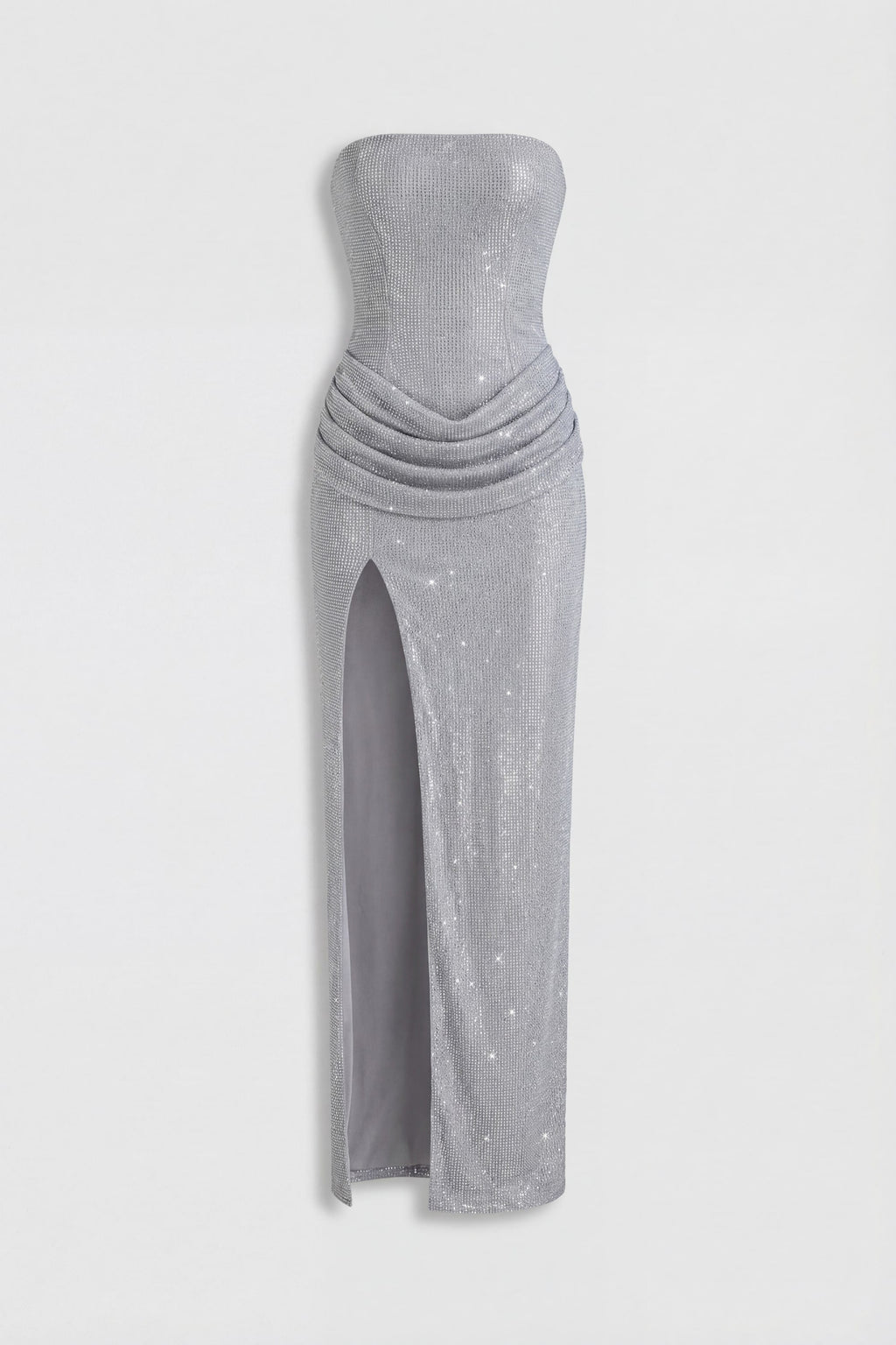 Embellished Bandeau Cowl-Waist Maxi Dress in Frost