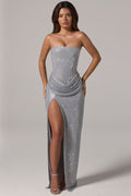 Embellished Bandeau Cowl-Waist Maxi Dress in Frost