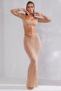 Sheer Embellished V-Waist Maxi Skirt in Almond