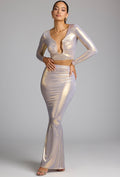 Mid Rise Metallic Jersey Maxi Skirt in Light Gold