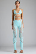 Embellished Mid-Rise Flared Trousers in Ice Blue