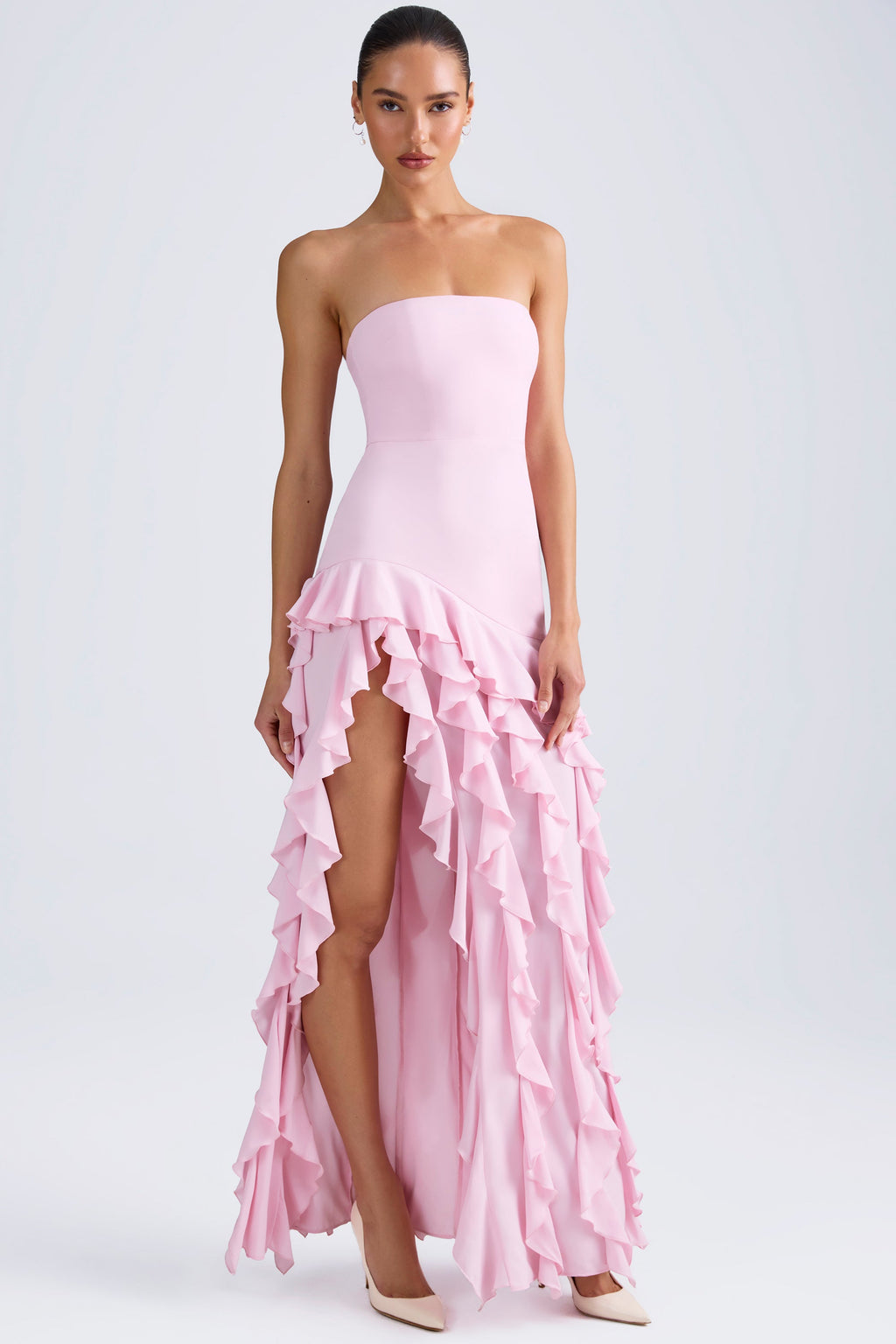 Ruffle-Trim Strapless Gown in Candyfloss Pink