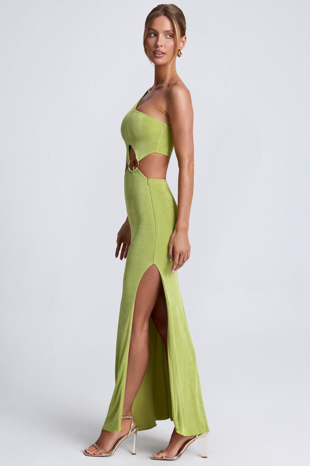 Hardware Detail One-Shoulder Maxi Dress in Olive