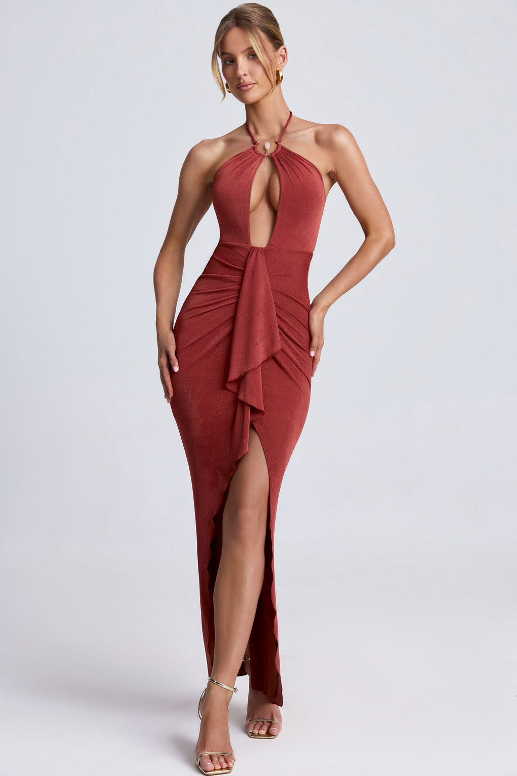Hardware Detail Cut-Out Halterneck Maxi Dress in Sienna
