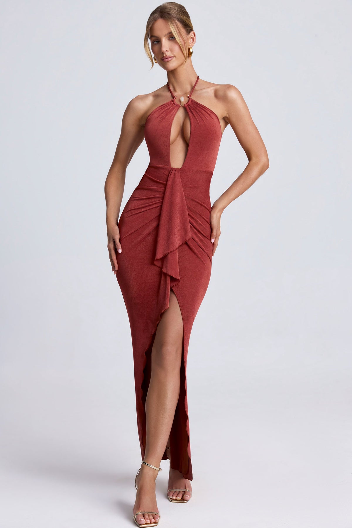 Hardware Detail Cut-Out Halterneck Maxi Dress in Sienna