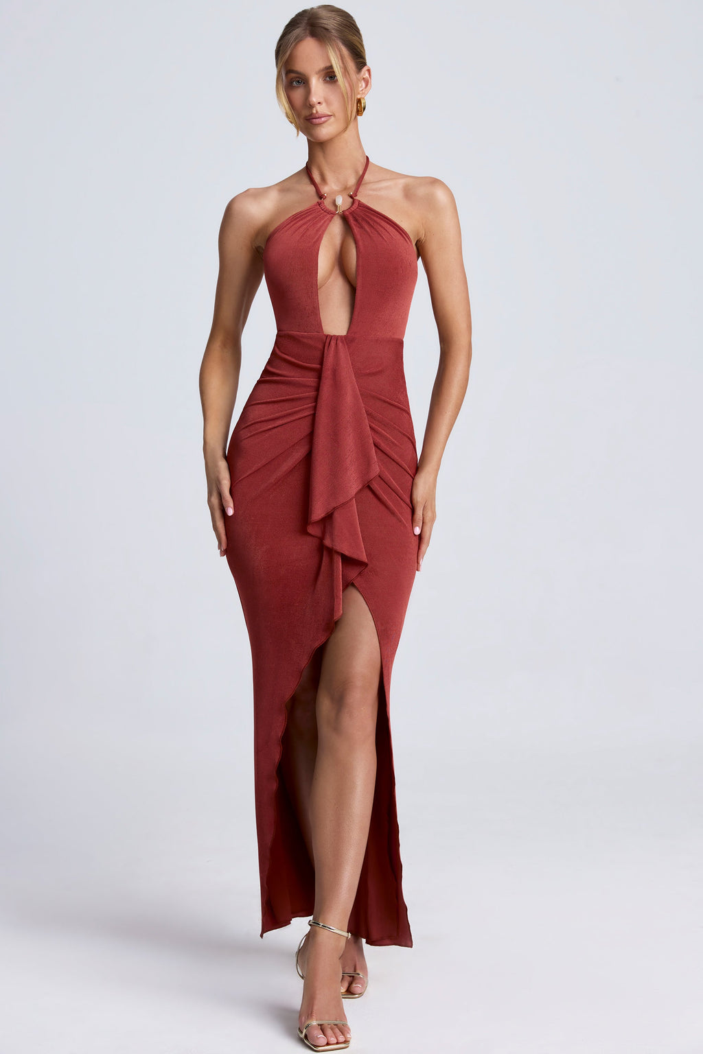 Hardware Detail Cut-Out Halterneck Maxi Dress in Sienna