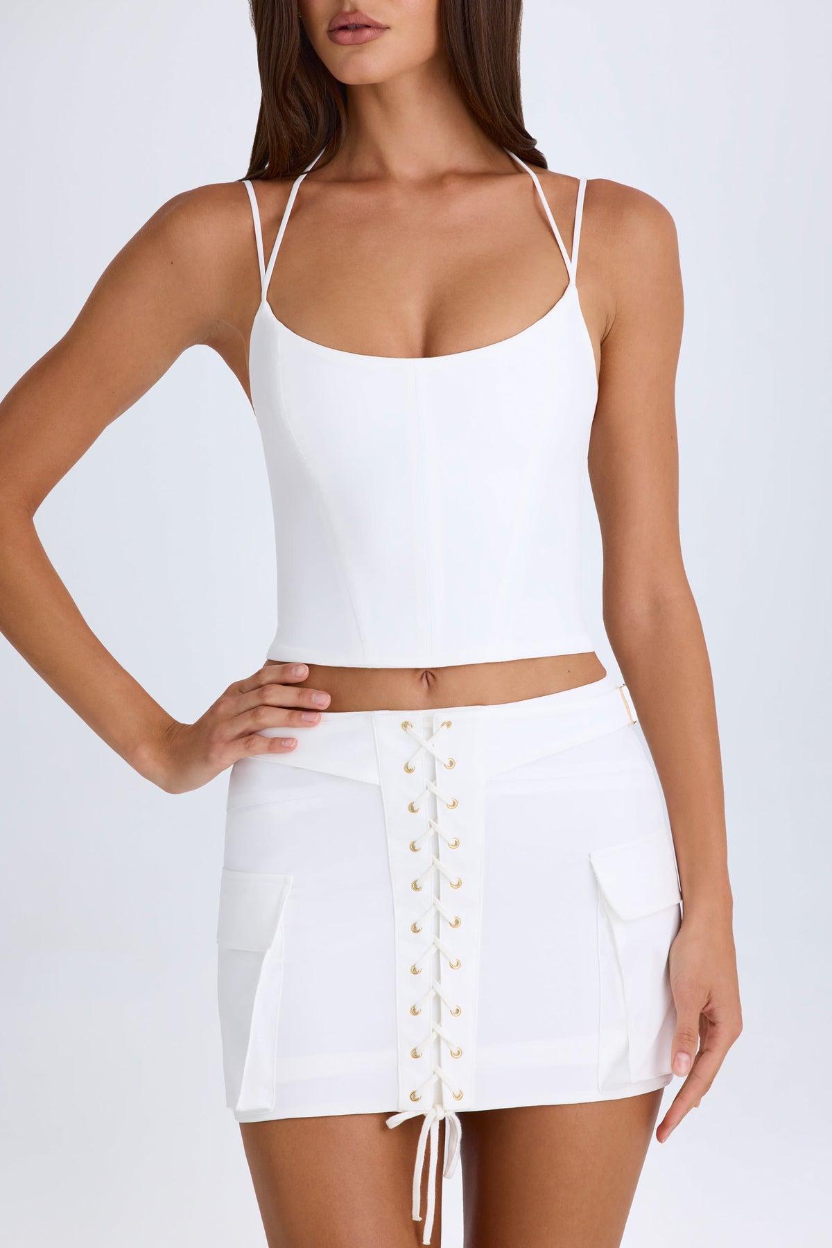 Lace-Up Cargo Micro Mini Skirt in White