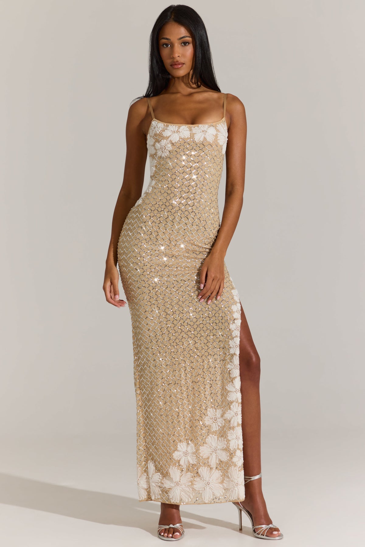 Embellished Square-Neck Maxi Dress in Gold