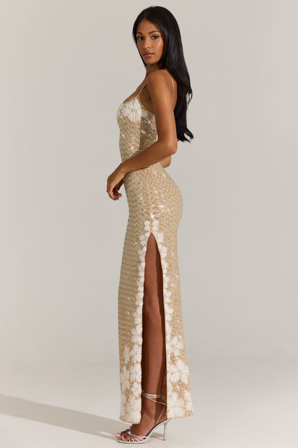 Embellished Square-Neck Maxi Dress in Gold