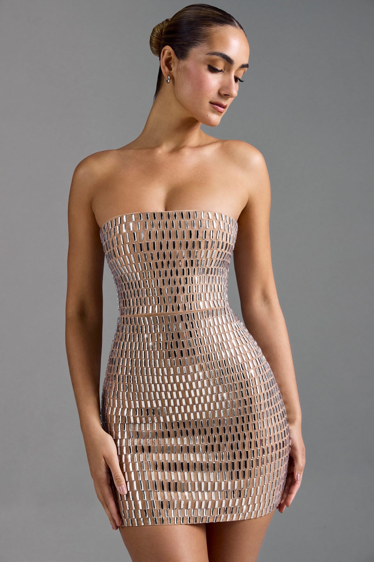 Embellished Bandeau Mini Dress in Honey