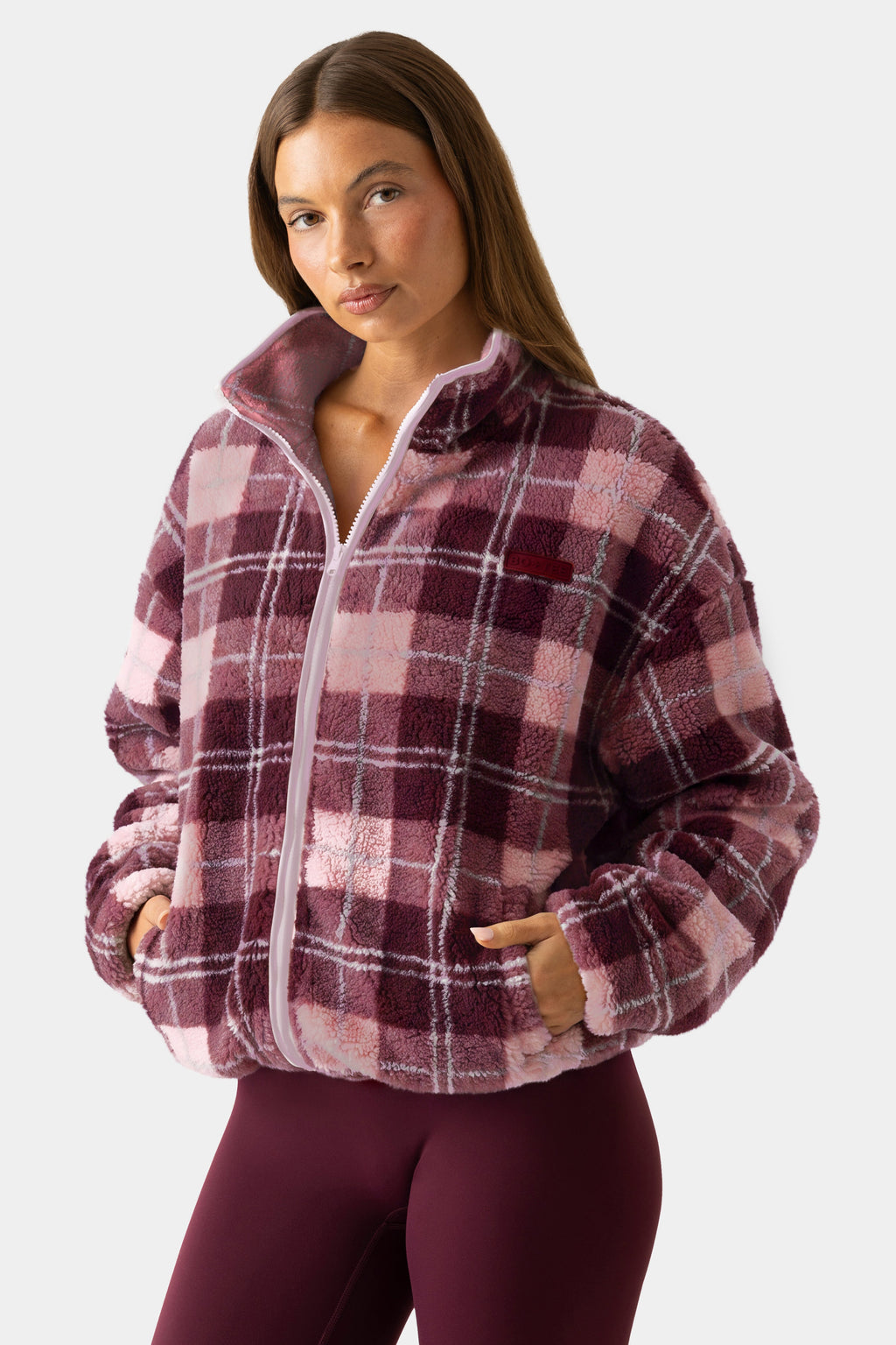 Oversized Zip-Up Fleece in Plum Plaid
