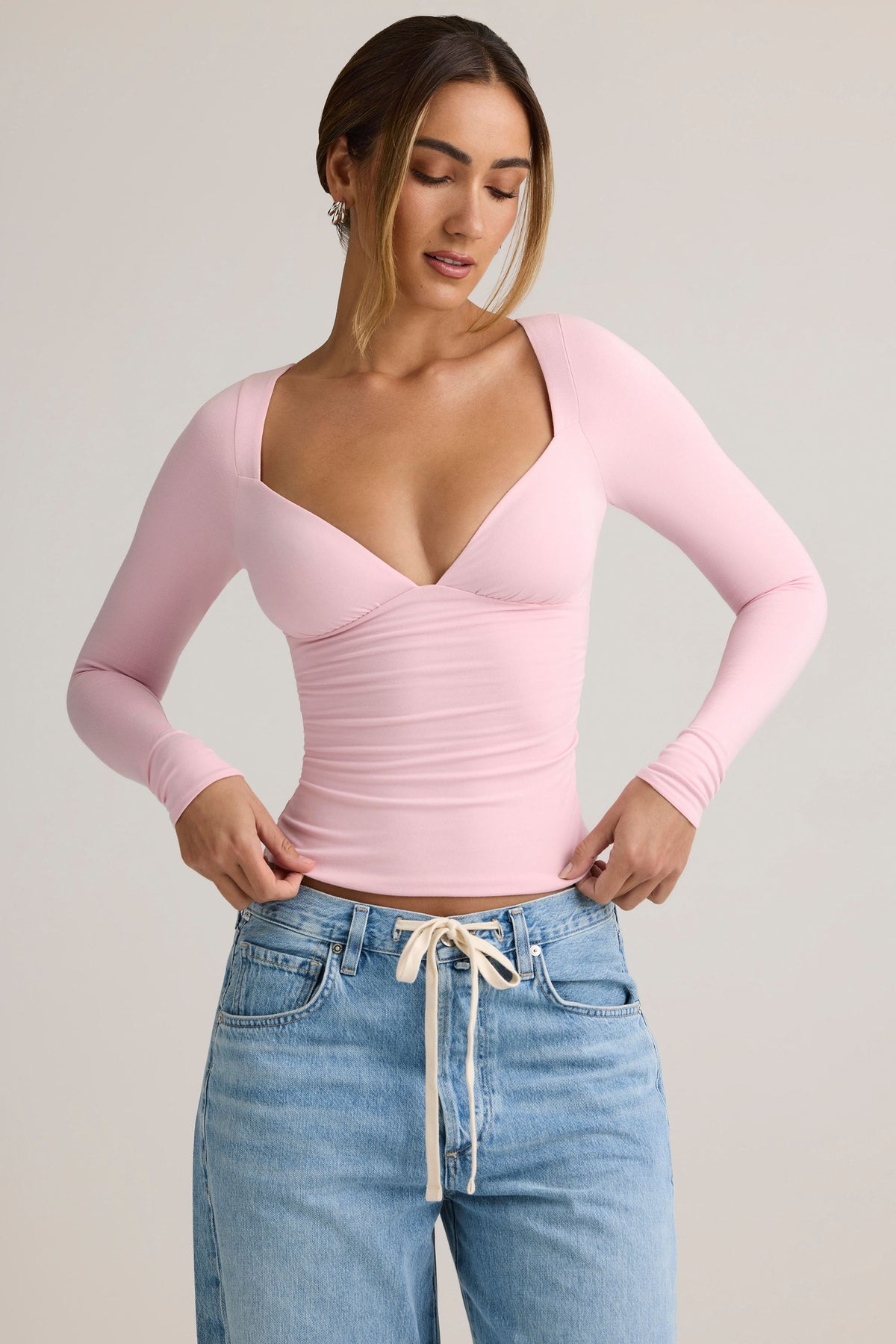 Modal Ruched Long-Sleeve Top in Candyfloss Pink