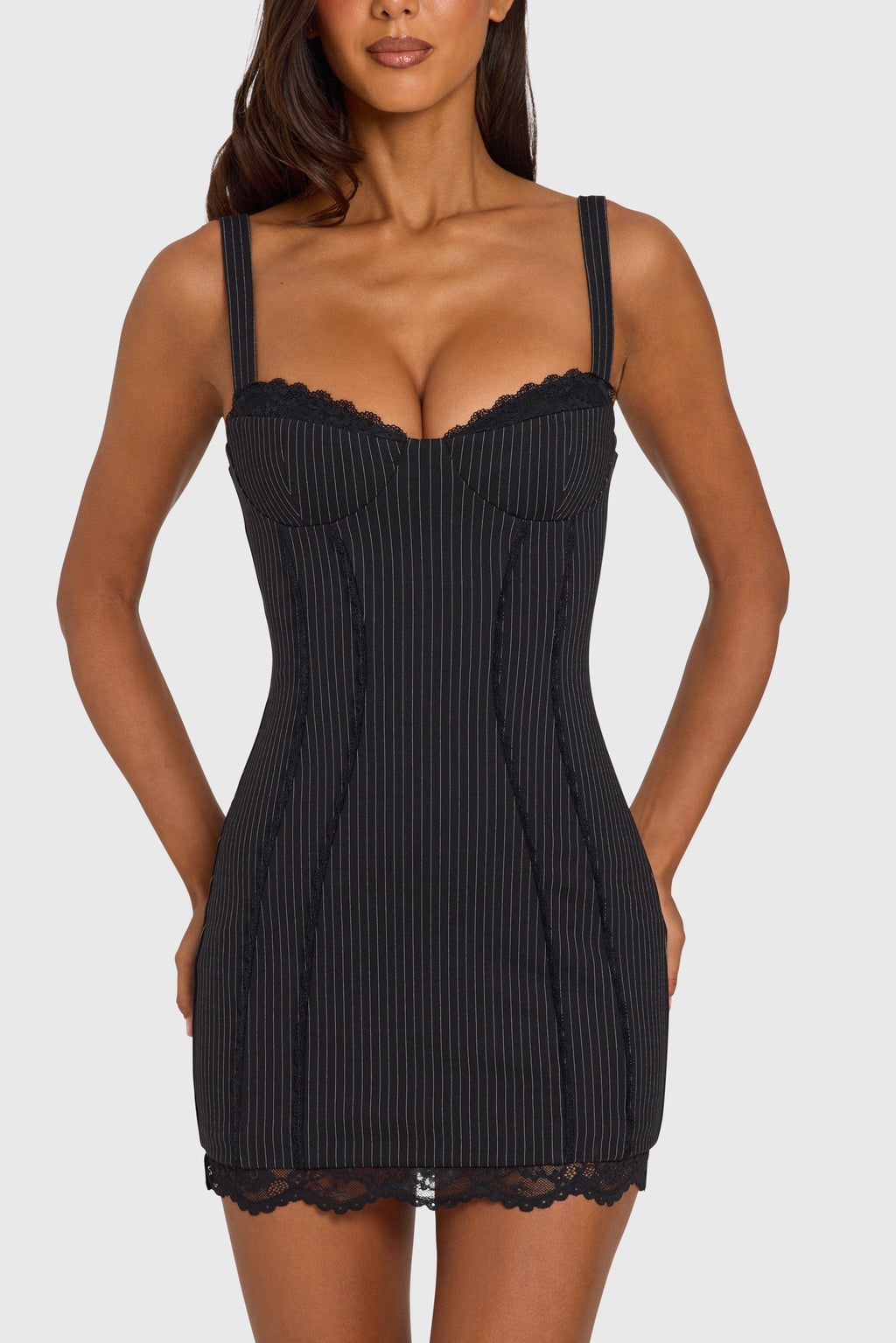 Ponte Lace-Trim Peekaboo Mini Dress  in Black Pinstripe