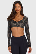 Lace Long-Sleeve Crop Top in Black