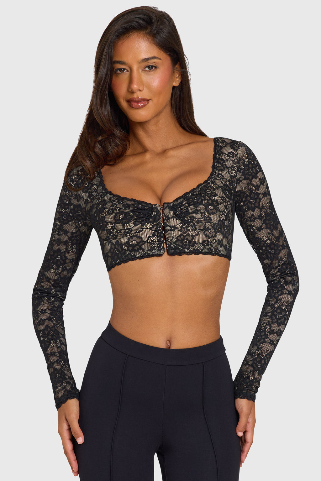 Lace Long-Sleeve Crop Top in Black