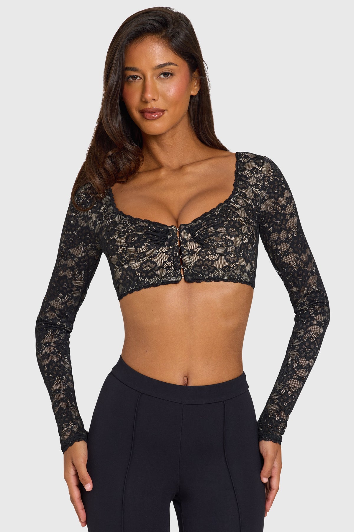 Lace Long-Sleeve Crop Top in Black