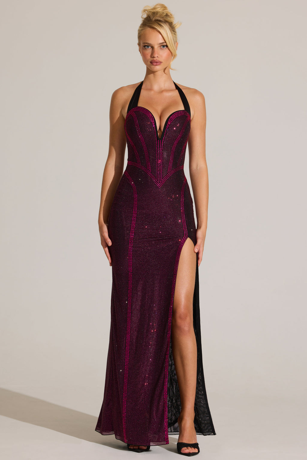 Embellished Halterneck Maxi Dress in Fuchsia Pink