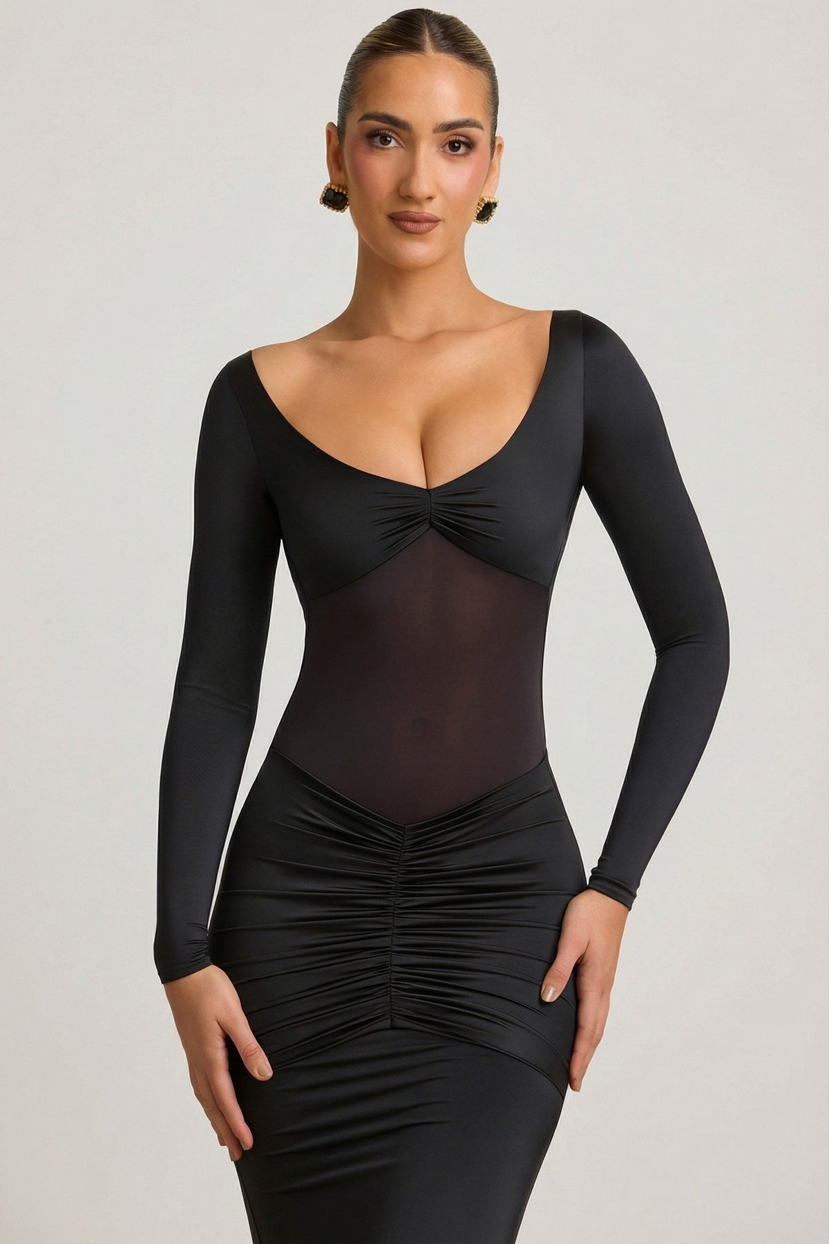 Bow-Detail Ruched Maxi Dress in Black