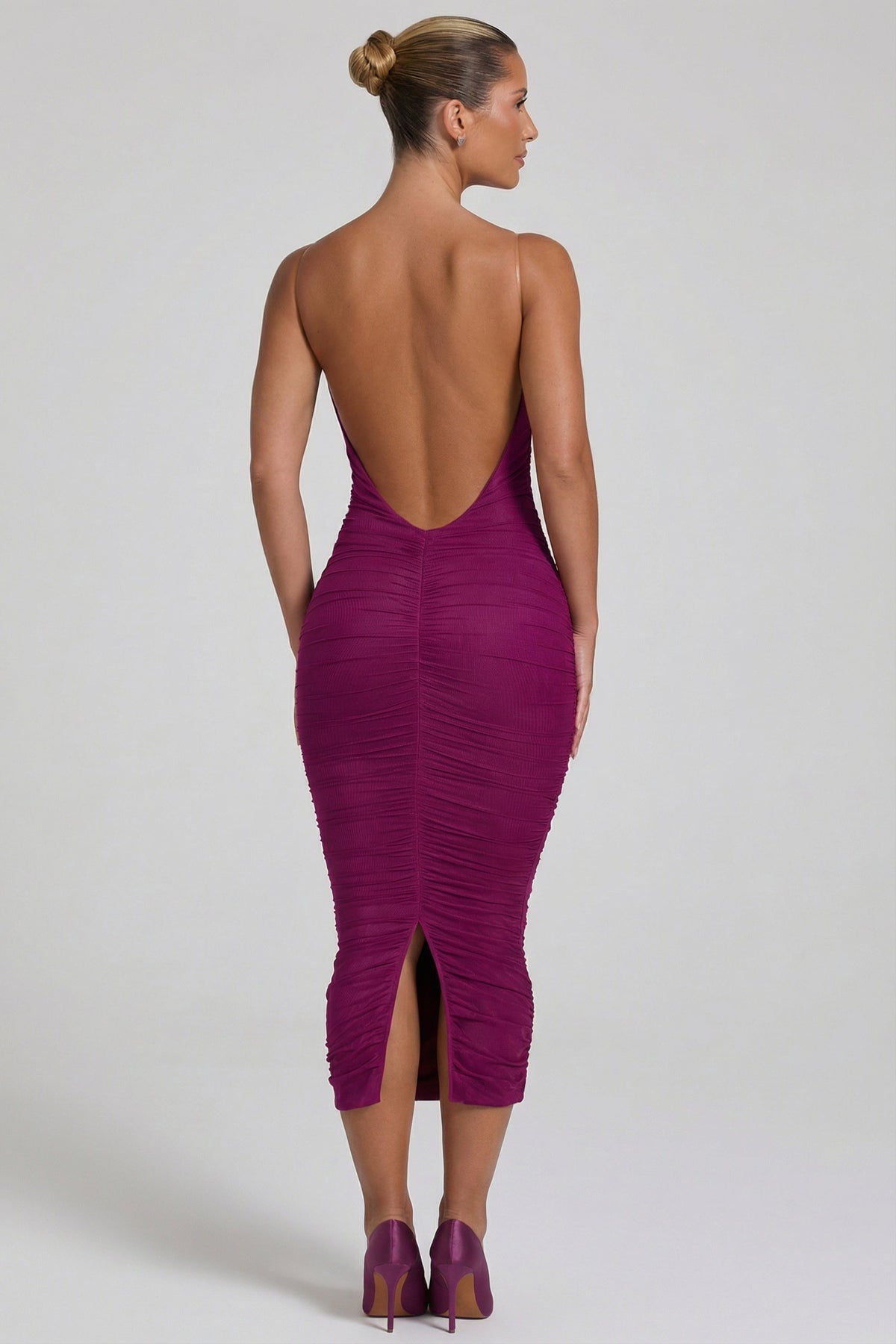 Ruched Backless Bodycon Midaxi Dress in Plum