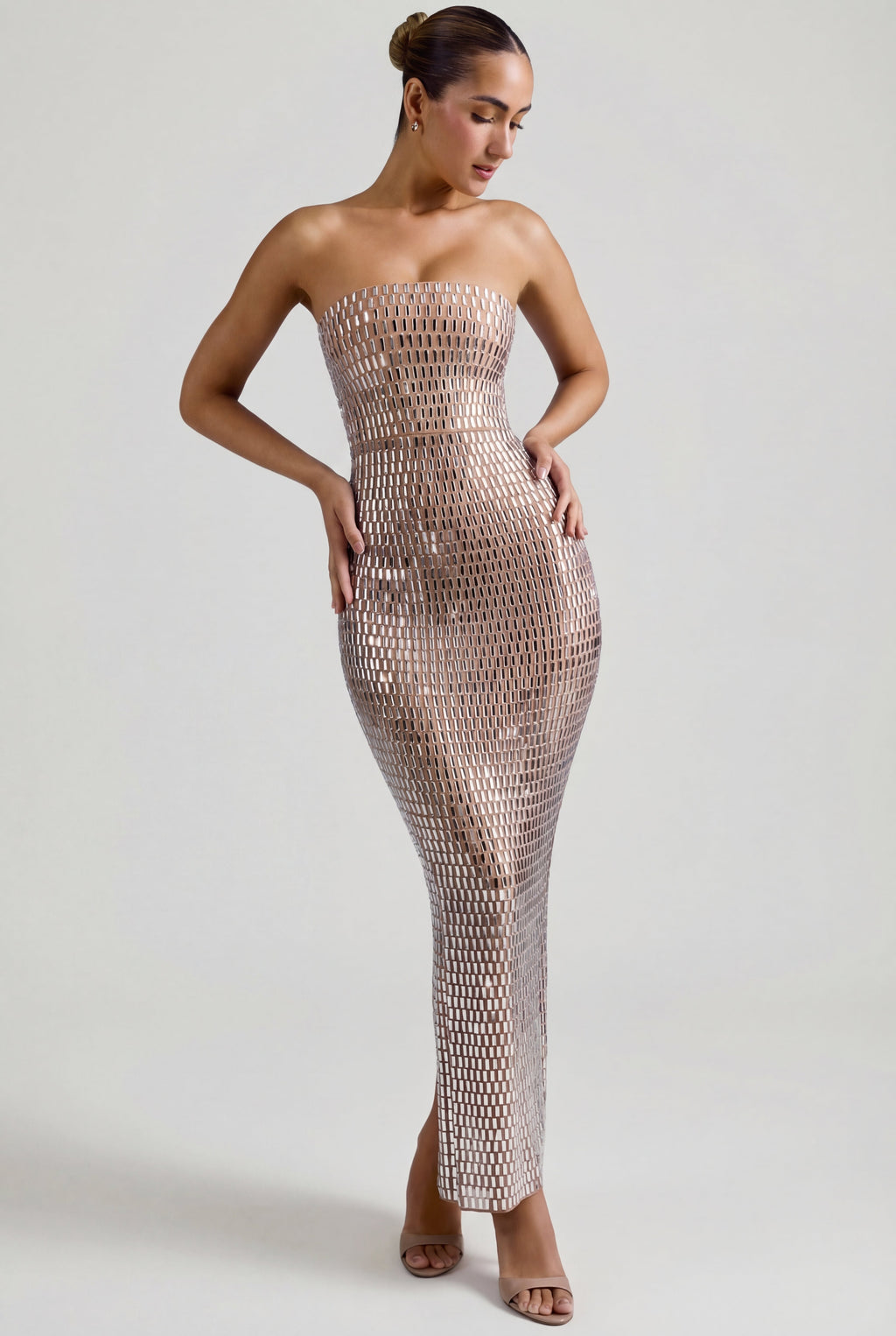 Embellished Bandeau Maxi Dress in Almond