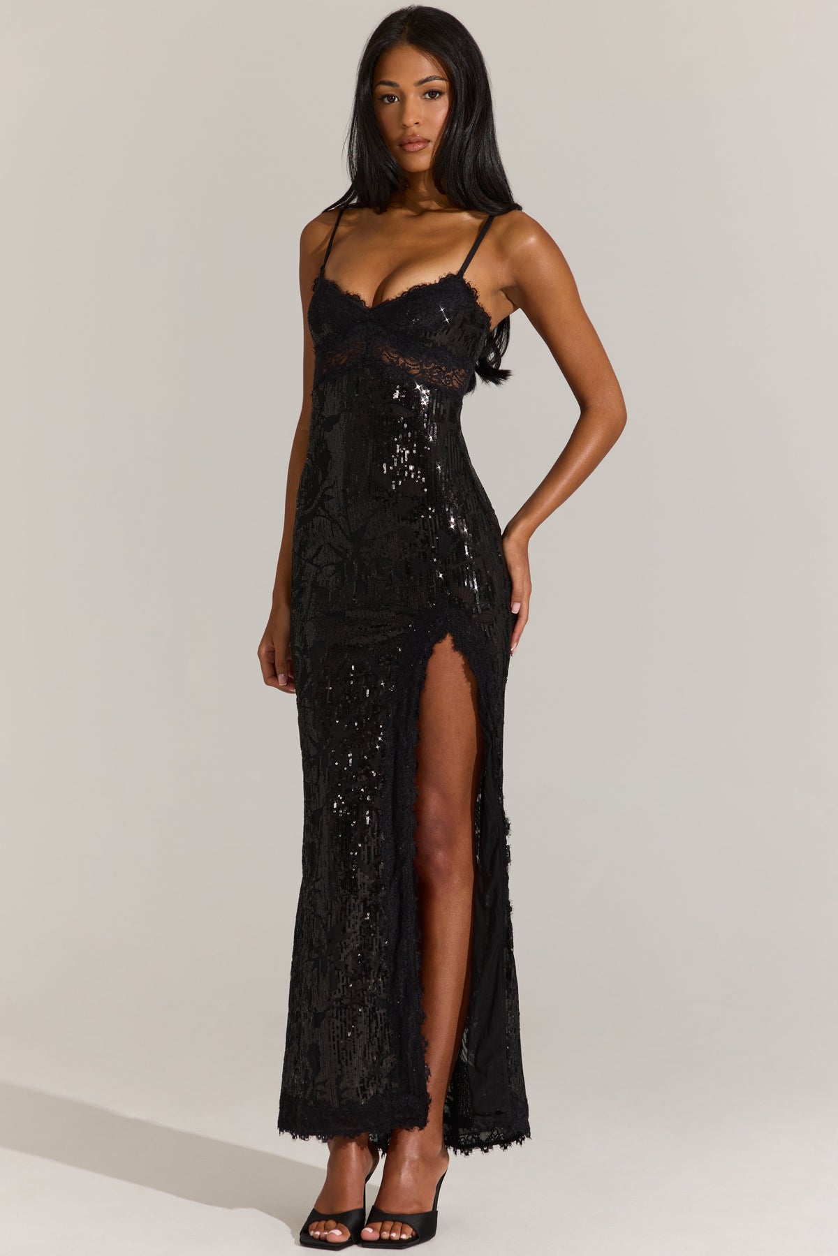 Embellished Lace-Trim Maxi Dress in Black
