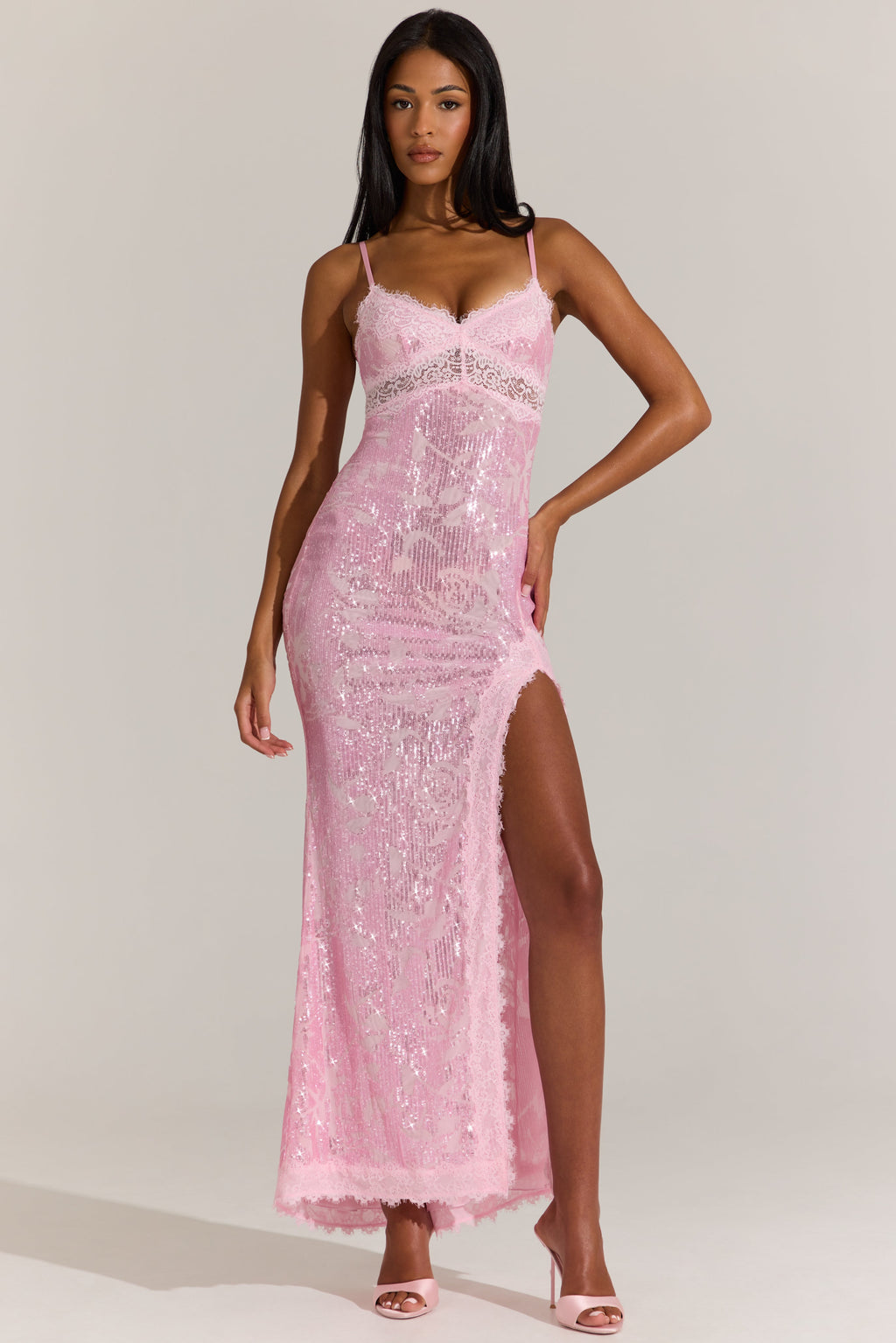 Embellished Lace-Trim Maxi Dress in Blossom Pink
