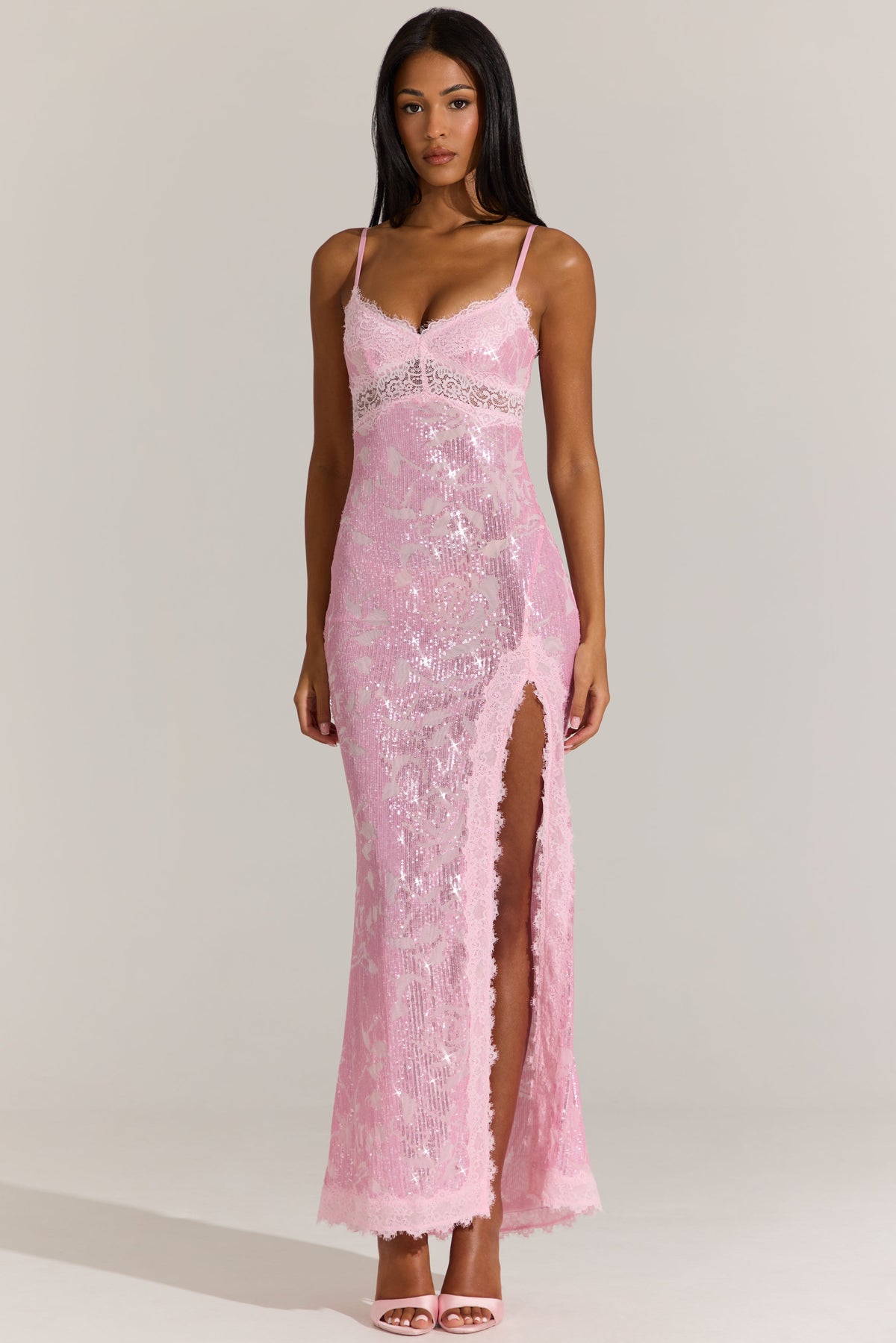 Embellished Lace-Trim Maxi Dress in Blossom Pink