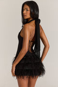 Satin Corset Feathered Mini Dress in Black