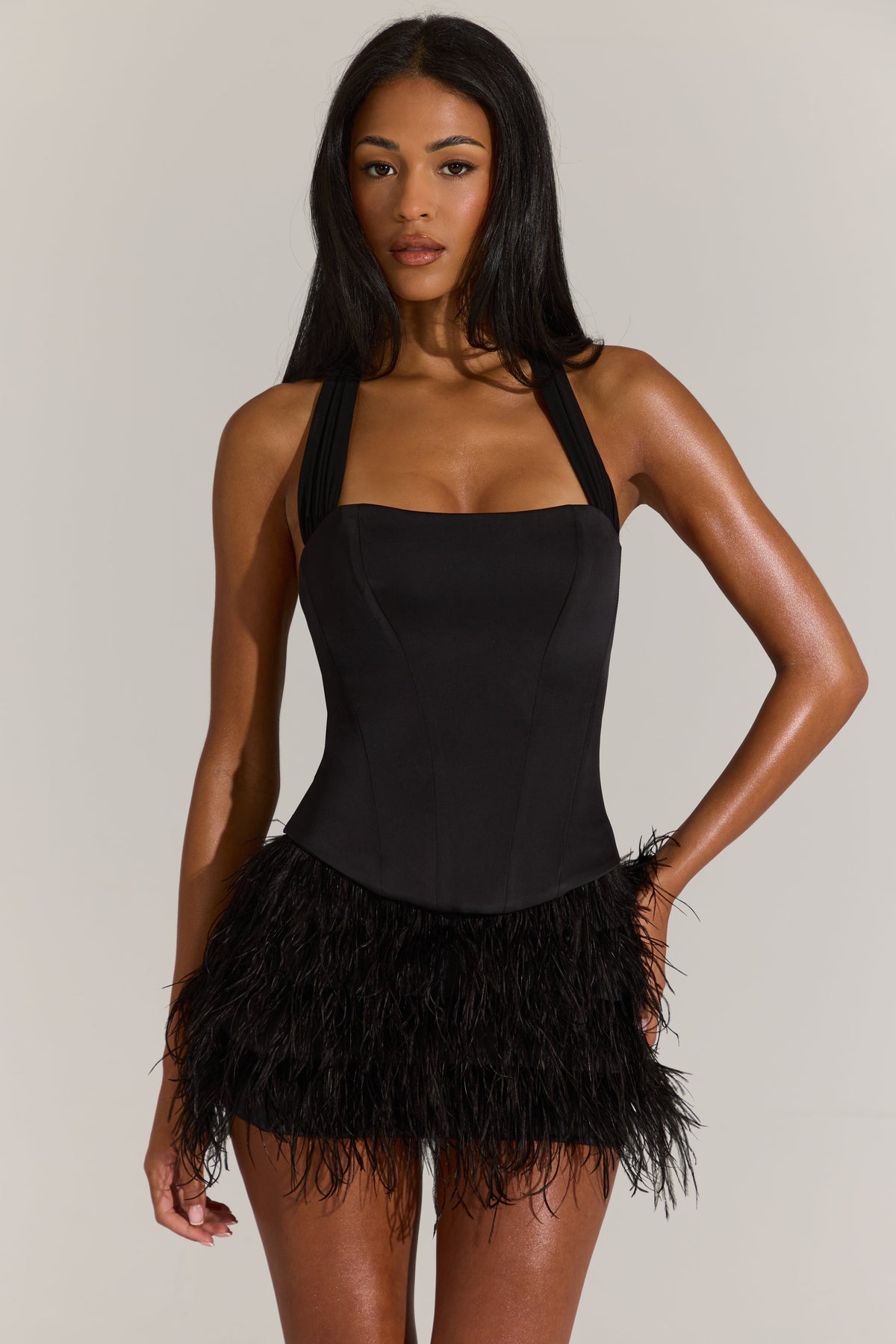 Satin Corset Feathered Mini Dress in Black