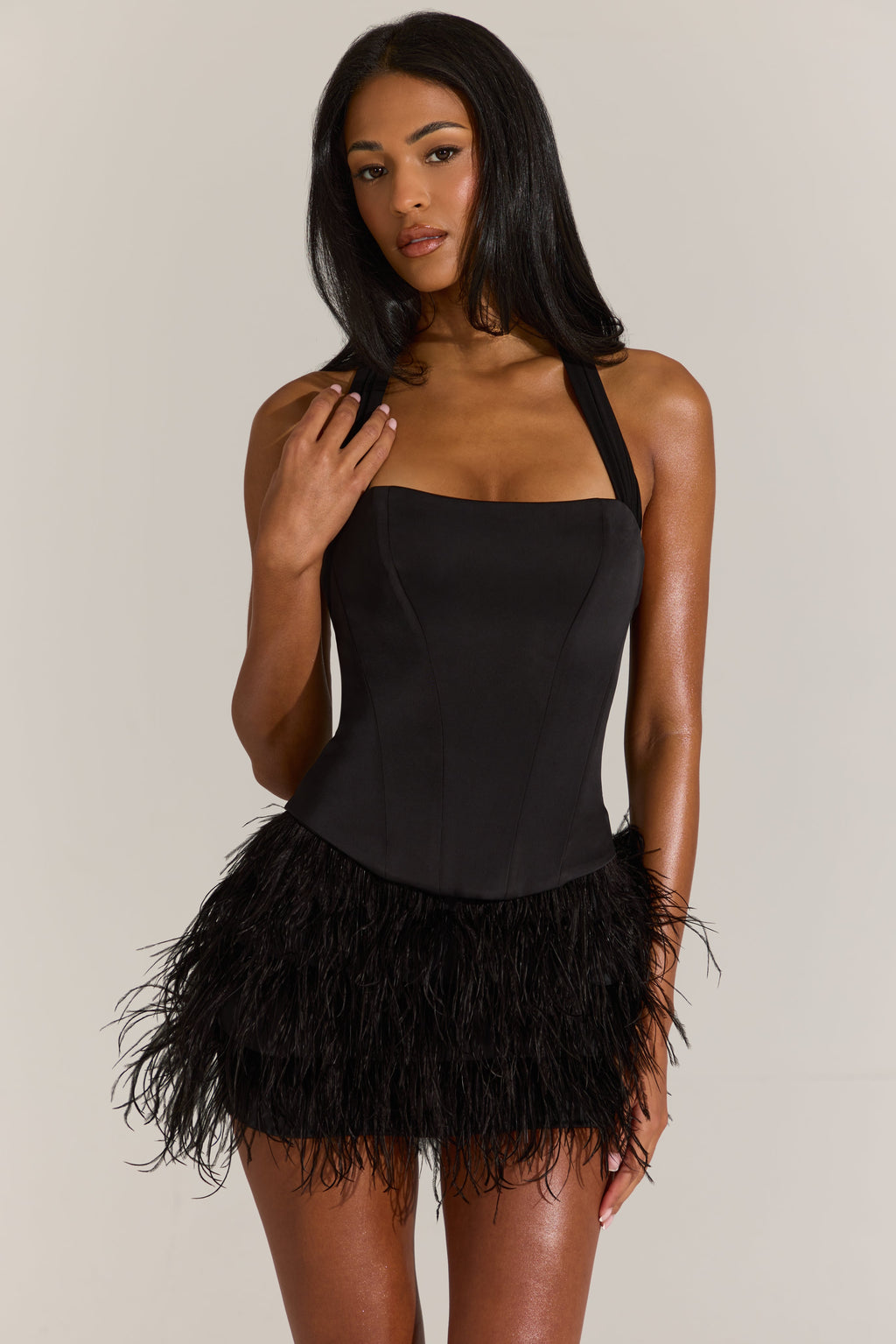 Satin Corset Feathered Mini Dress in Black