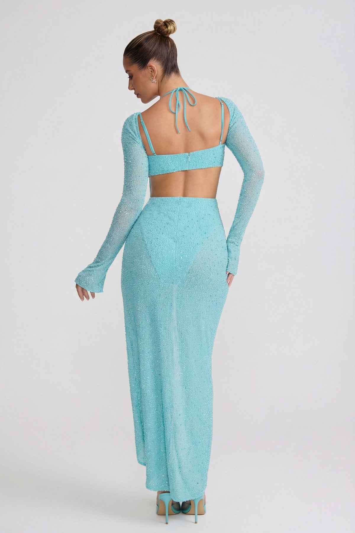 Embellished Cowl Neck Maxi Dress in Aquamarine