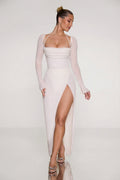 Embellished Cowl Neck Maxi Dress in Pearl