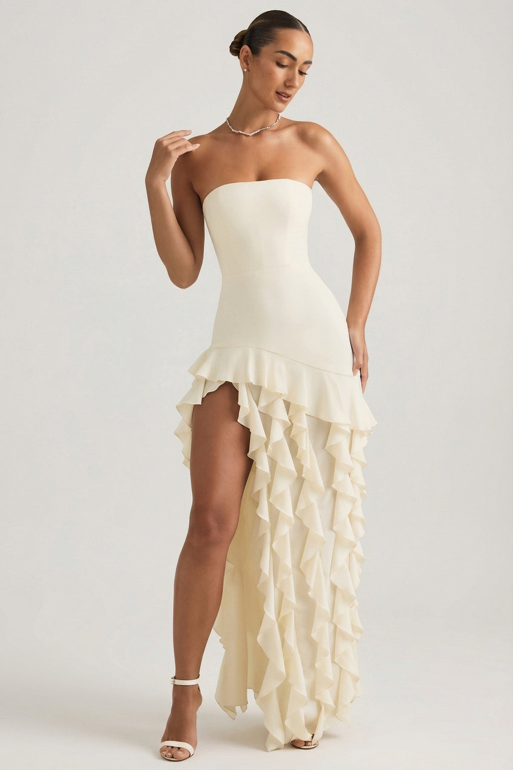 Ruffle-Trim Strapless Gown in Pearl
