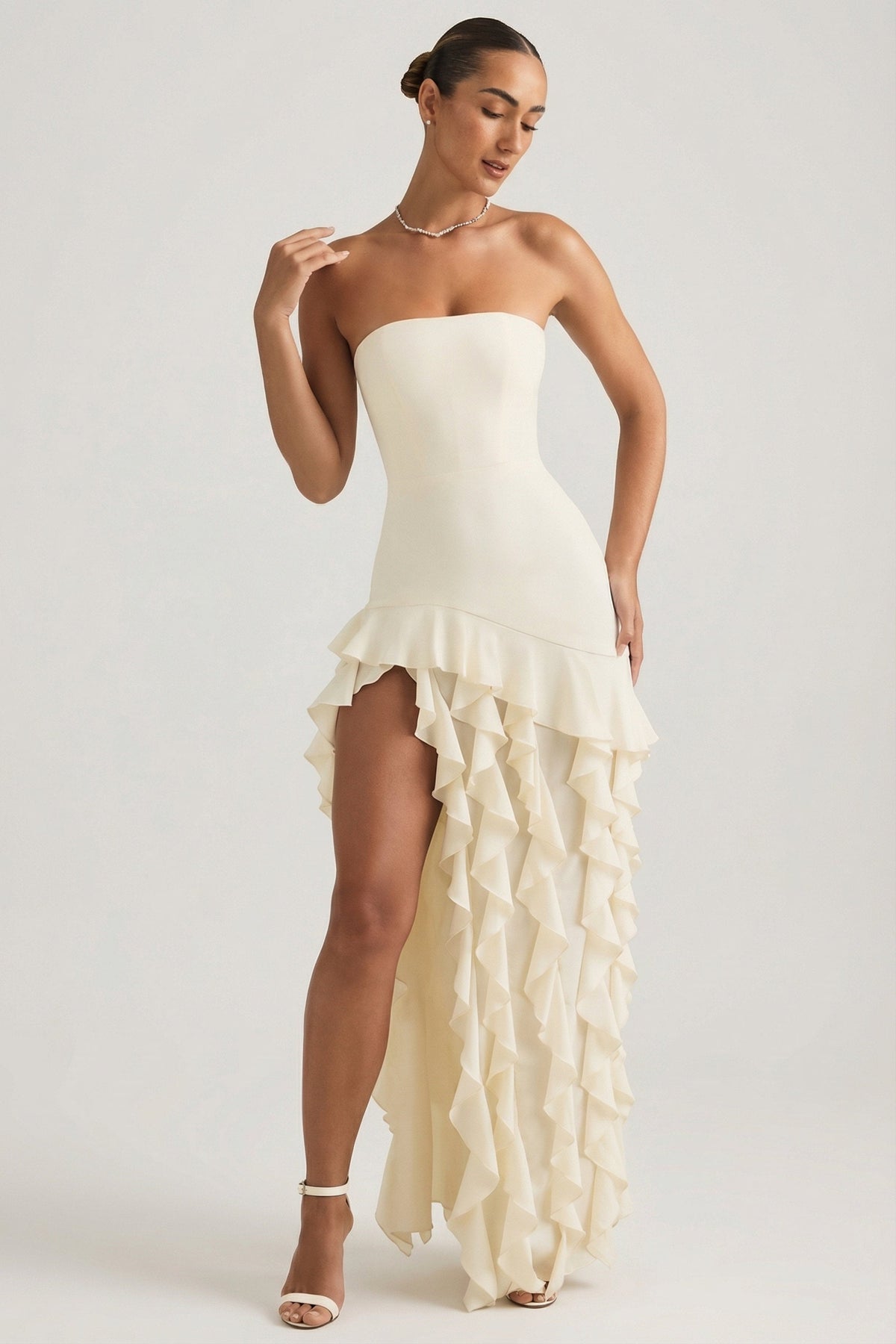 Ruffle-Trim Strapless Gown in Pearl