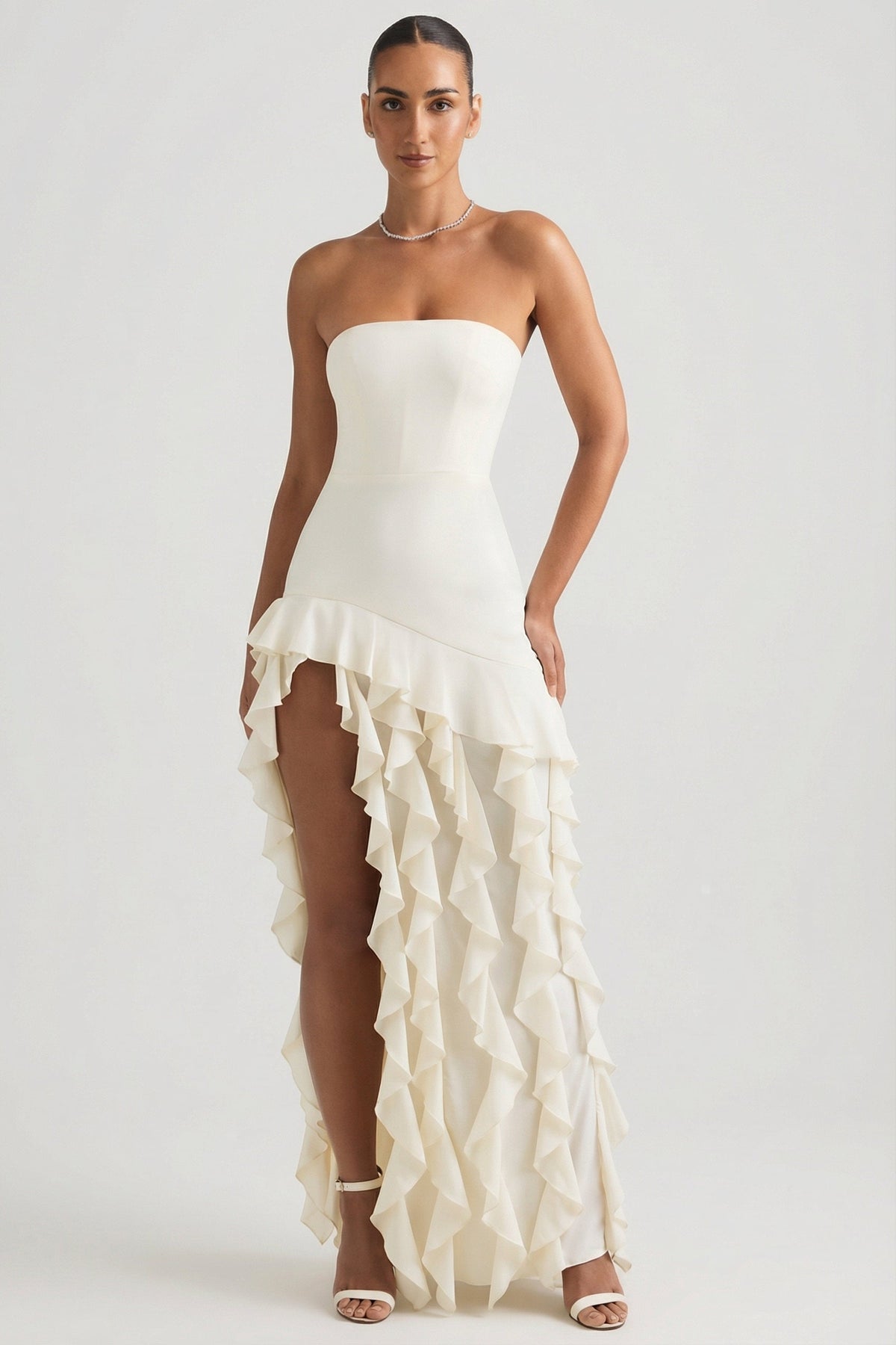 Ruffle-Trim Strapless Gown in Pearl