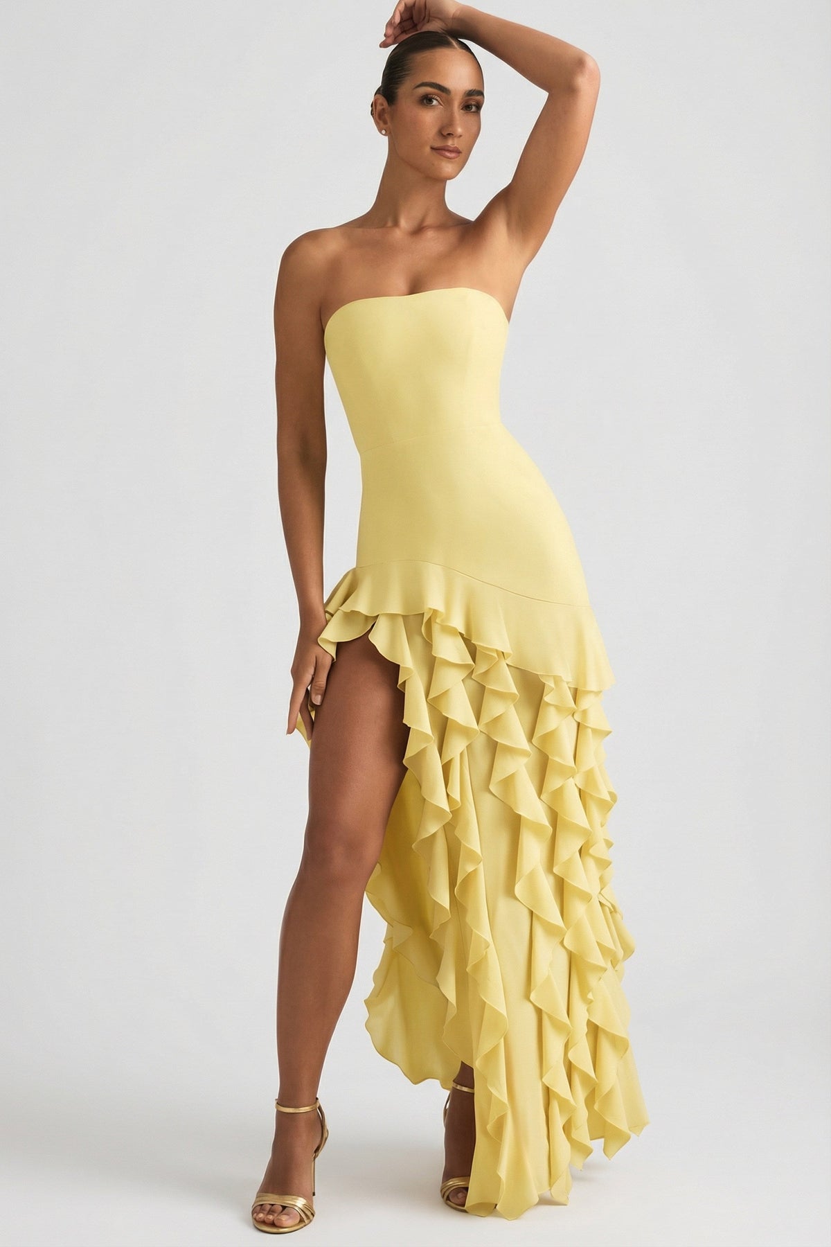 Ruffle-Trim Strapless Gown in Daffodil