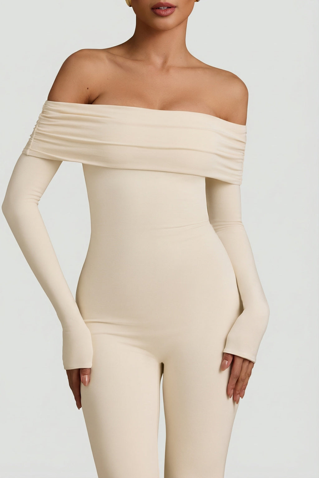 Modal Off-Shoulder Ruched Jumpsuit in Ivory