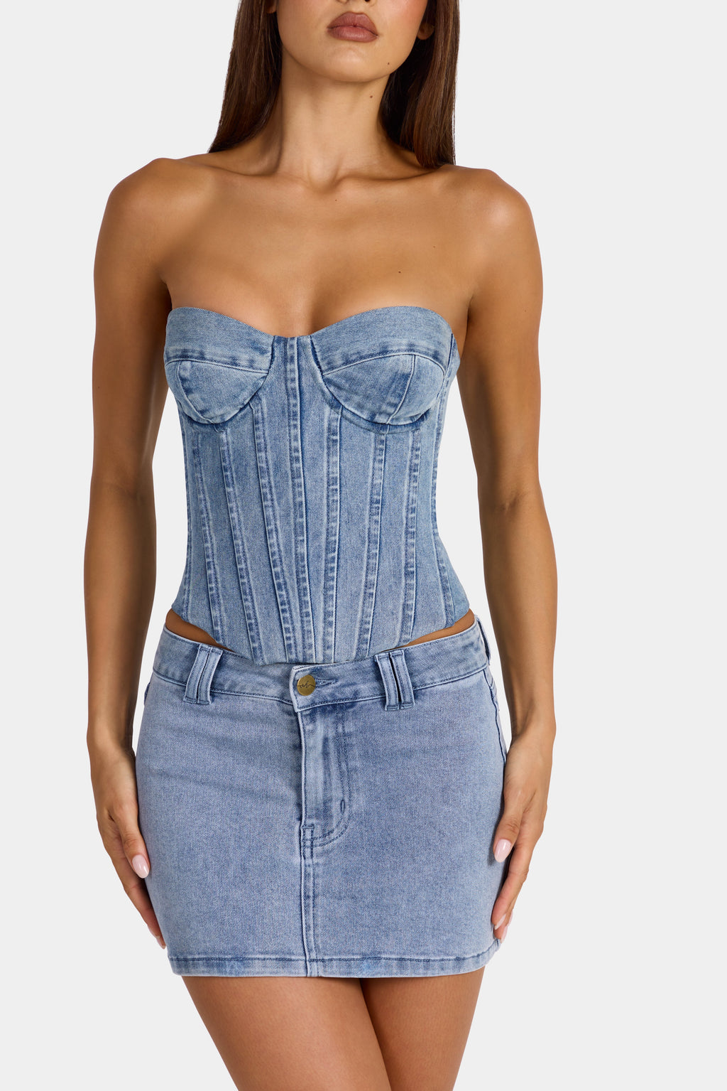 Low-Rise Denim Mini Skirt in Mid-Blue
