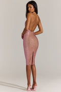 Embellished Plunge Halterneck Midi Dress in Blossom Pink