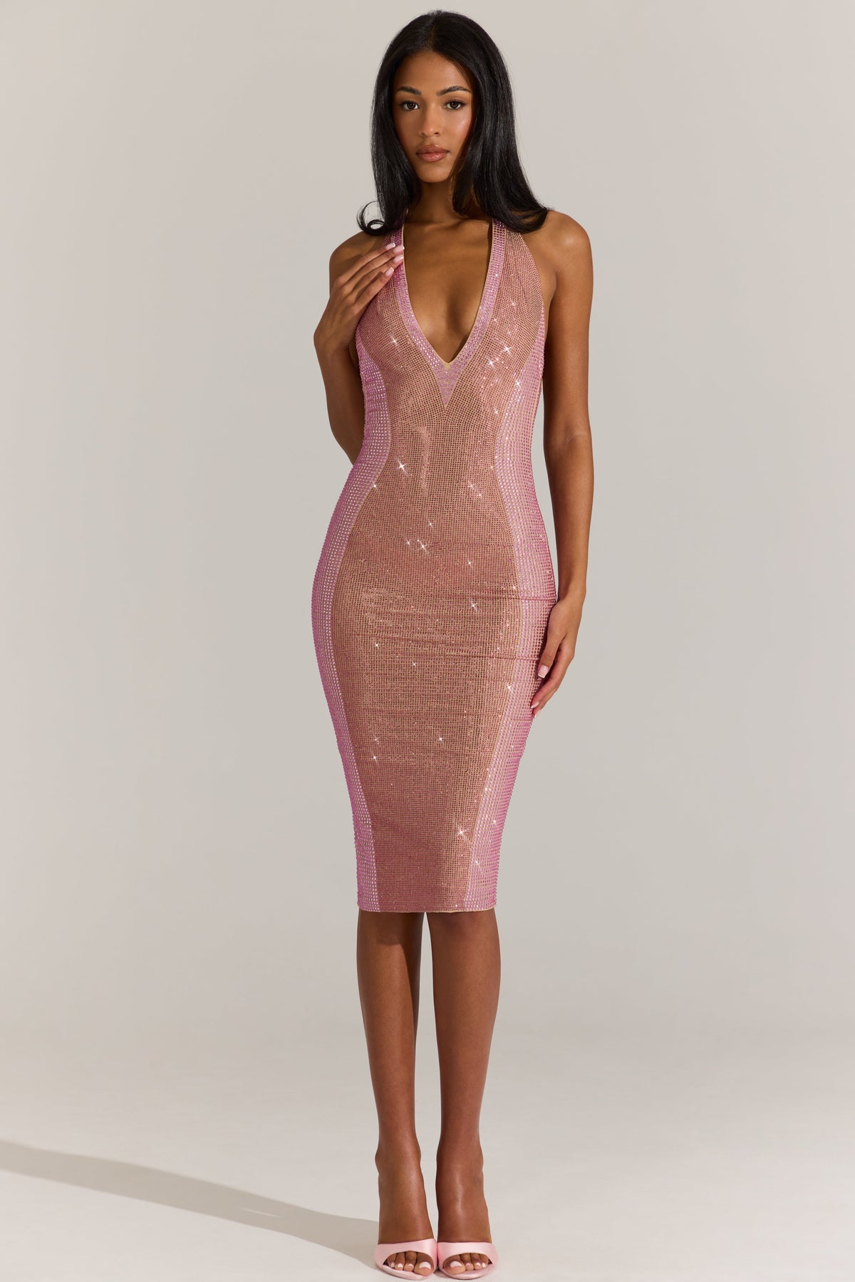 Embellished Plunge Halterneck Midi Dress in Blossom Pink