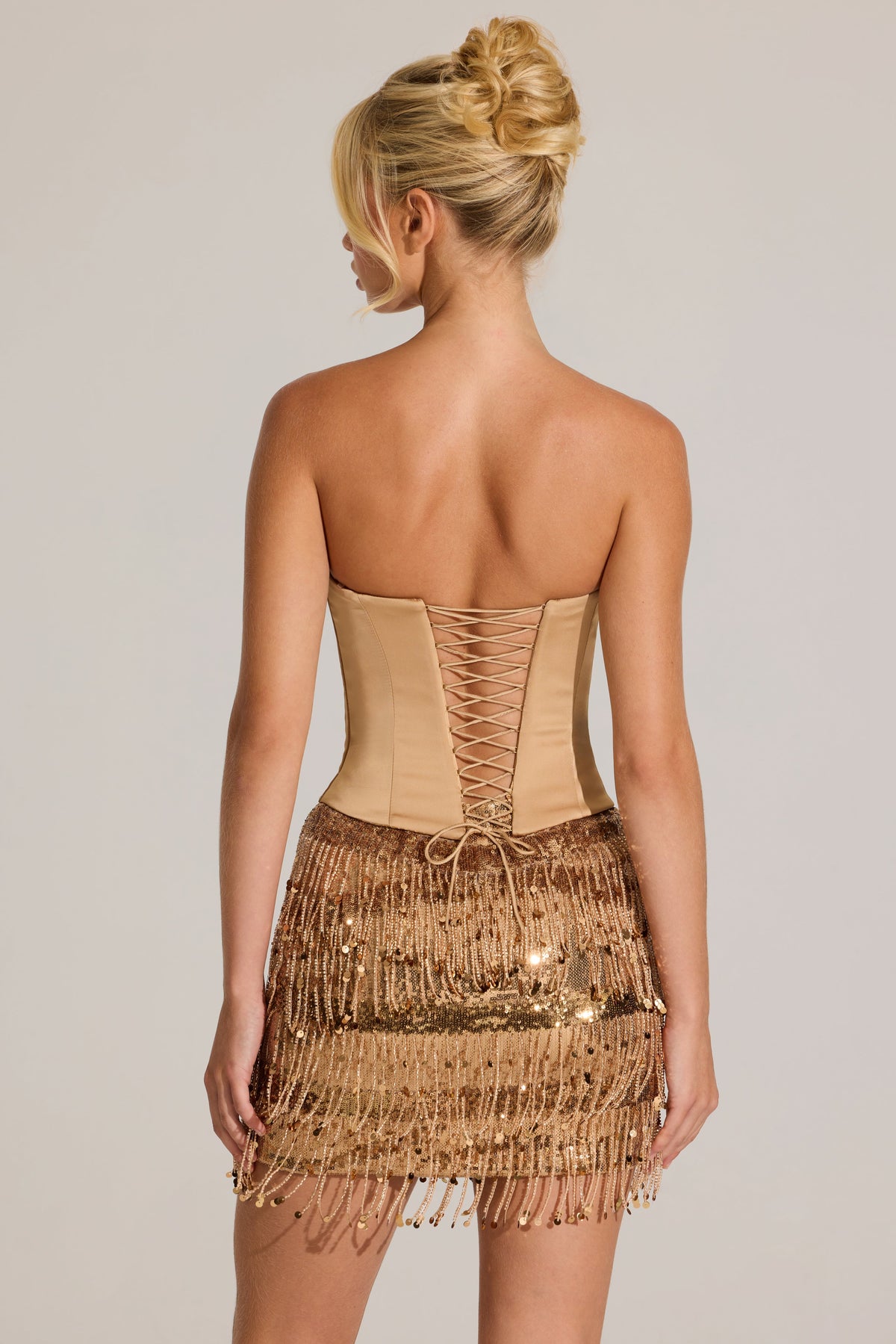 Satin Corset Fringed Mini Dress in Gold