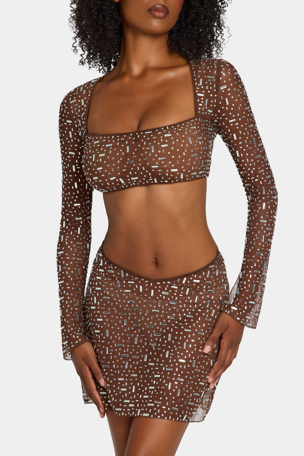 Sheer Embellished Long Sleeve Crop Top in Deep Cocoa